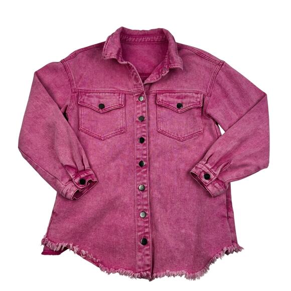 Distressed Pink Acid Wash Raw Hem Cotton Shacket Women's Size Small - Picture 1 of 6
